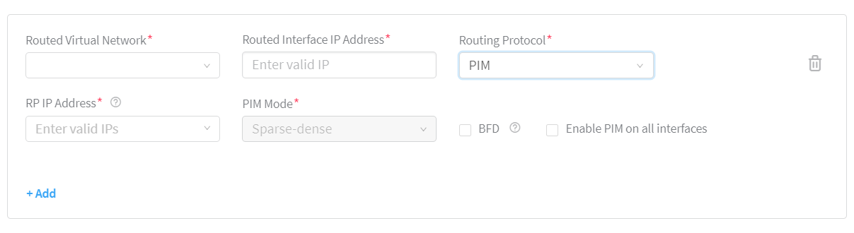 Configuration interface for routing parameters including fields for virtual network, routed interface IP, routing protocol, RP IP, PIM mode, BFD checkbox, enable PIM, add and delete options.
