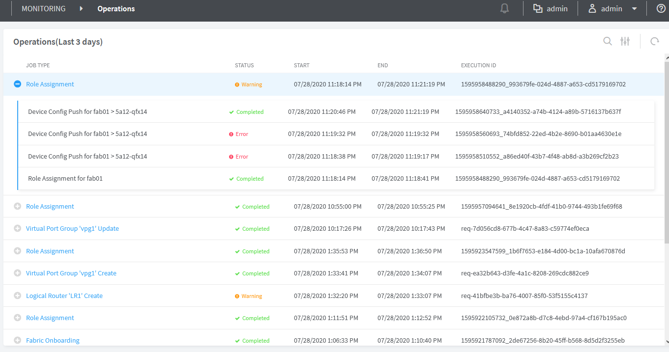 Dashboard for monitoring operations in the last three days. Displays job type, status, start and end times, and execution ID for each operation.