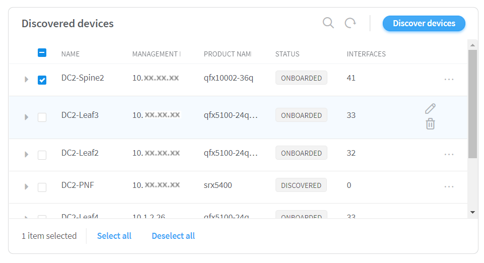 User interface showing a table of discovered network devices with names, management IPs, product names, statuses, and interface counts. First device is DC2-Spine2, ONBOARDED with 41 interfaces. Second is DC2-Leaf3, ONBOARDED with 33 interfaces. Third is DC2-Leaf2, ONBOARDED with 32 interfaces. Fourth is DC2-PNF, DISCOVERED with 0 interfaces. Fifth is DC2-Leaf4, ONBOARDED with 33 interfaces. Options include selecting devices, discovering devices, editing, deleting, searching, and refreshing entries.