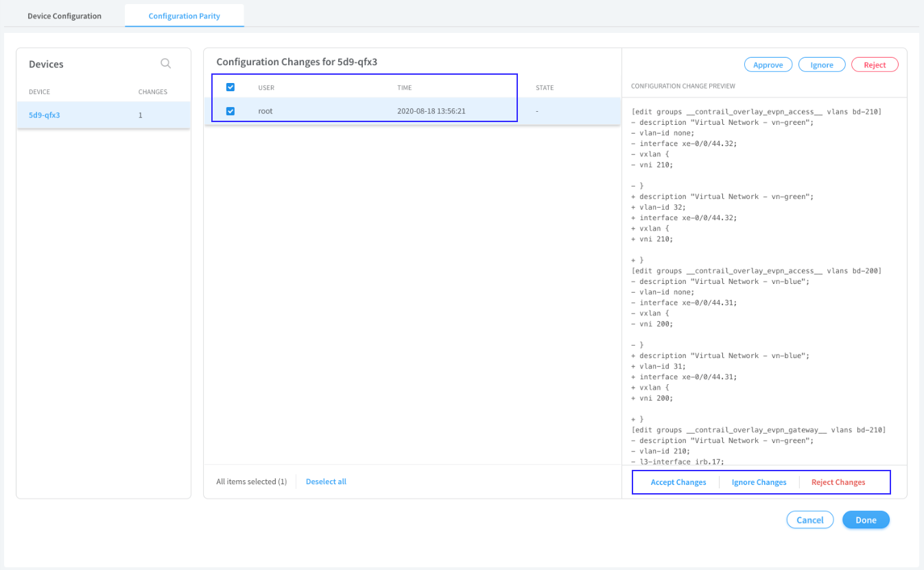Configuration management interface for device 5d9-qfx3 showing changes by user root on 2020-08-18 at 13:56:21. Options to accept, ignore, or reject changes.