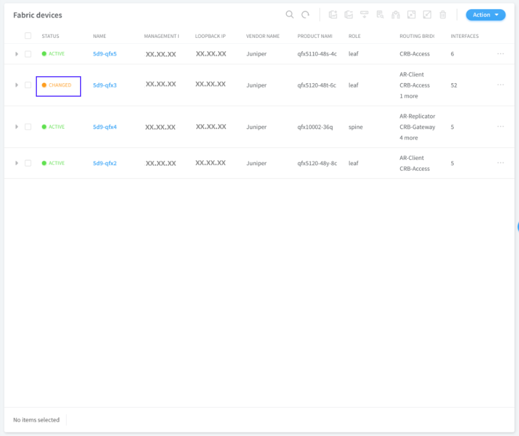 Dashboard for managing network fabric devices showing device status, names, IPs, vendor Juniper, roles like leaf and spine, routing bridge configurations, and interface counts. Includes management tools.