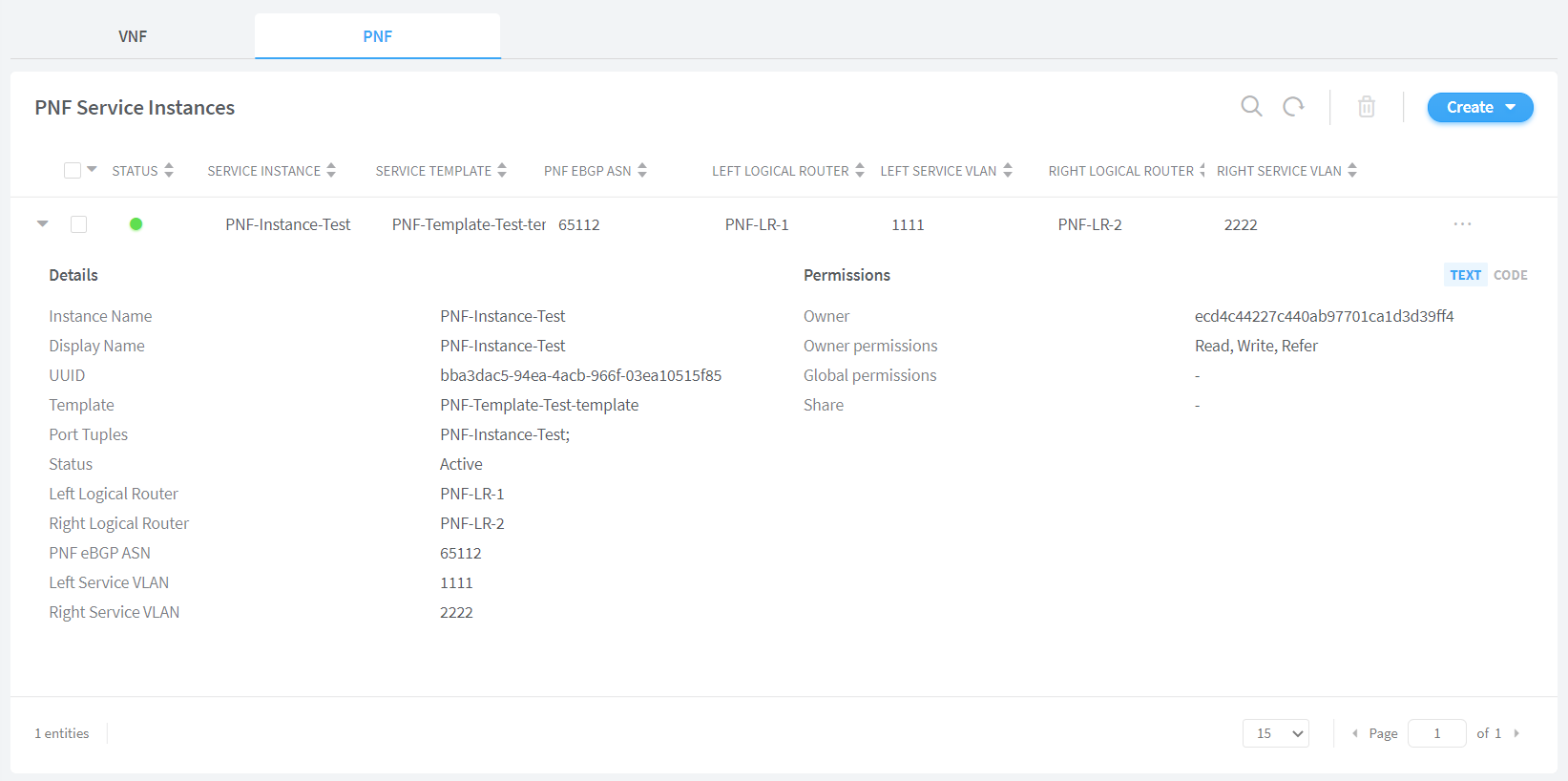 PNF Service Instances interface with PNF tab selected, showing a table of service details and a Create button.