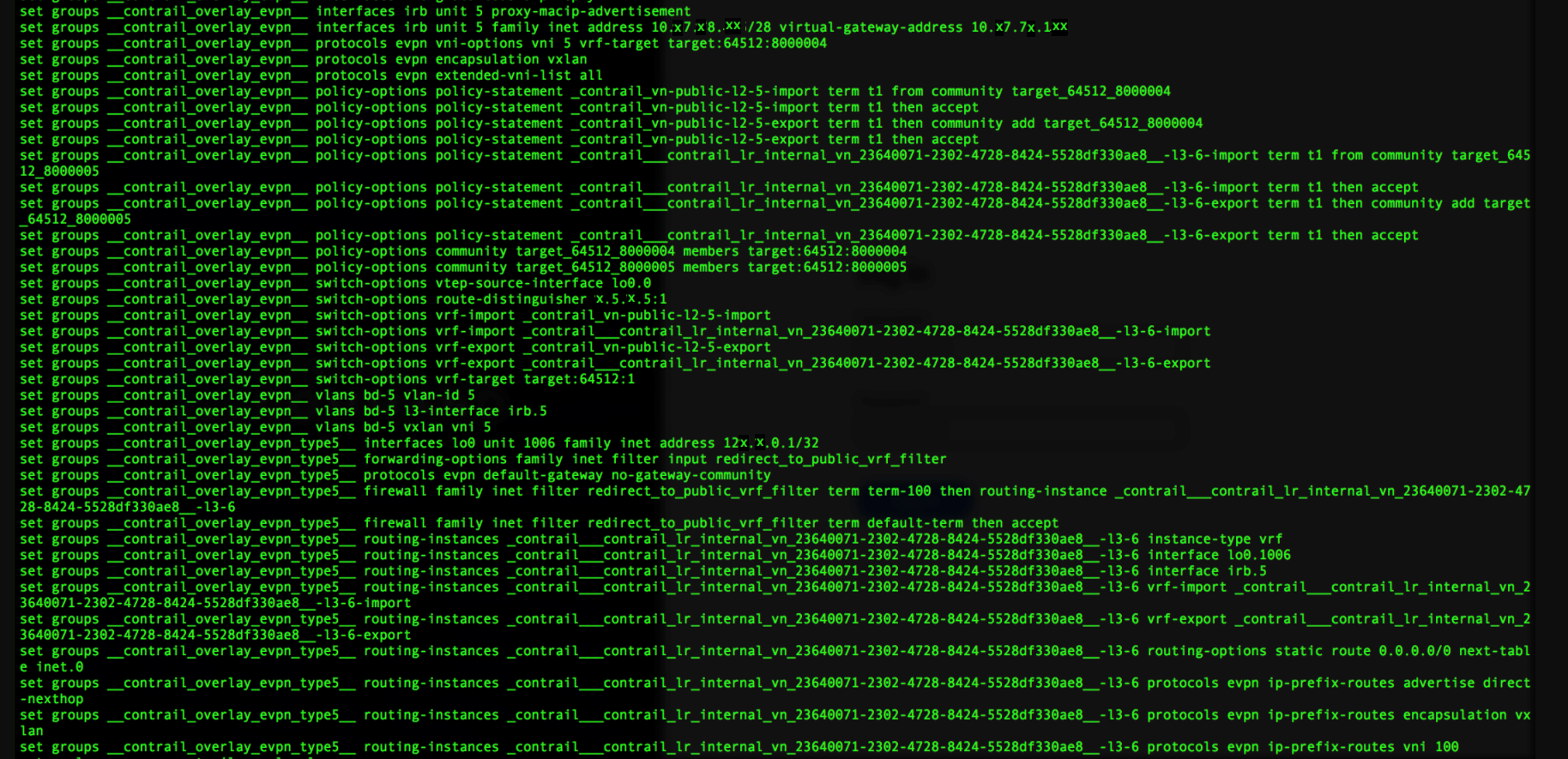 Configuration script for network device; includes groups, routing protocols, interfaces, firewall rules, VRF, and BGP community targets.
