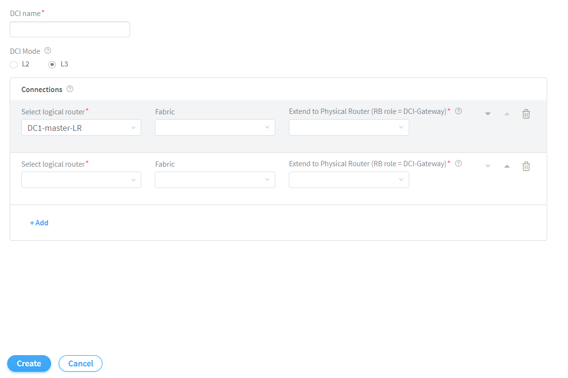 Configuration interface for setting up a Data Center Interconnect with fields for DCI name, mode selection L2 or L3, logical and physical router connections, and action buttons.