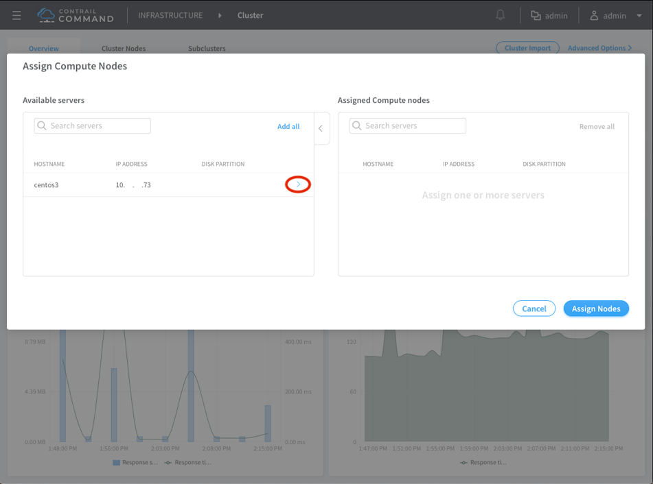 User interface for Contrail Command tool to assign compute nodes. Available Servers: centos3 with IP 10...73. Buttons: Cancel, Assign Nodes.