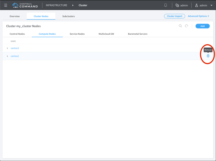 Cluster management UI for Contrail Command displaying cluster nodes. Compute Nodes tab open with nodes centos3 and centos2. Remove button next to centos2. Navigation options include Overview, Cluster Import, Advanced Options.