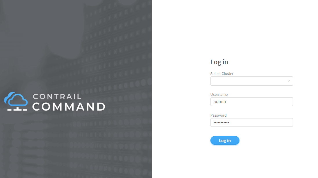 Contrail Command login page with cloud icon logo. Users can select a cluster and enter admin username and password to log in.