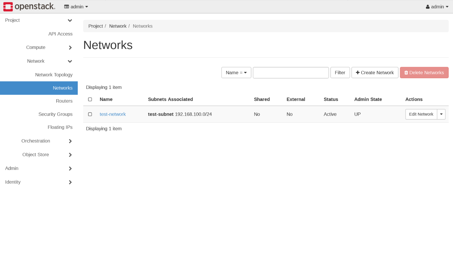 OpenStack admin dashboard showing Networks section. Network test-network is active with subnet test-subnet CIDR 192.168.100.0/24.