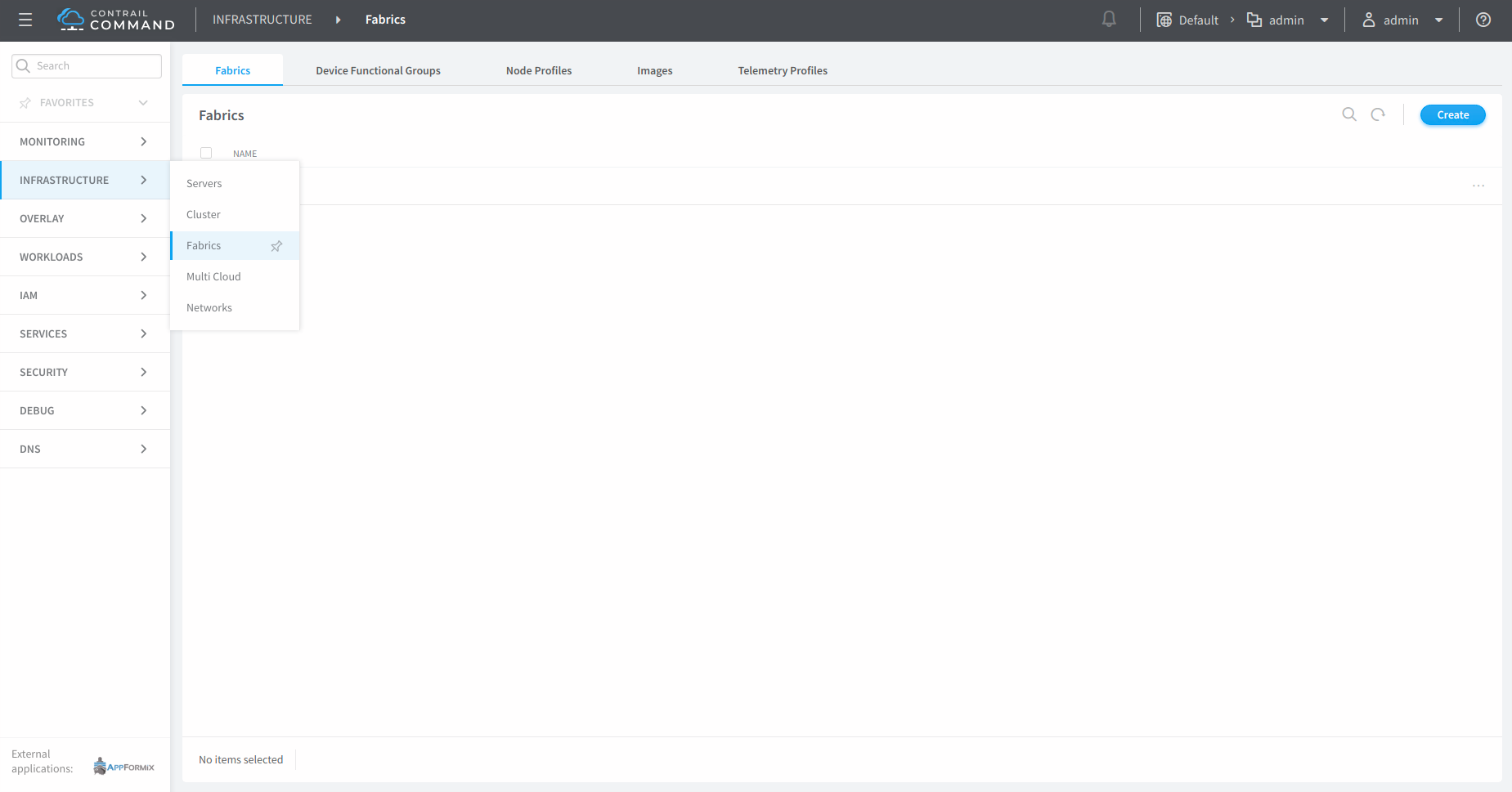 Contrail Command UI showing Infrastructure section, Fabrics tab empty. Navigation menu on left, Create button top-right.