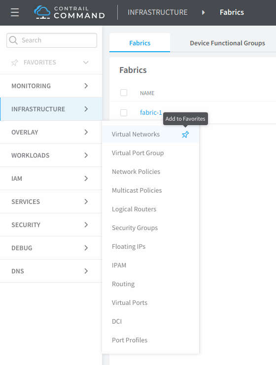 Contrail Command UI showing Infrastructure section under Fabrics with a tooltip Add to Favorites and a list item fabric-1.