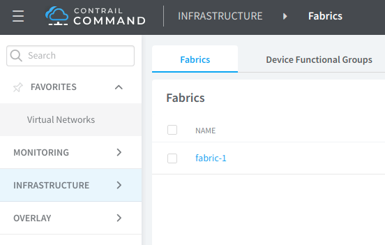 Contrail Command UI showing Infrastructure section with Fabrics tab. Lists fabric-1 with checkbox. Navigation menu and search bar visible.