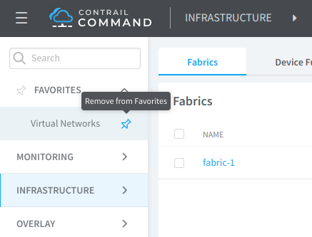 Contrail Command interface showing Infrastructure section with Fabrics tab selected, displaying one fabric named fabric-1.