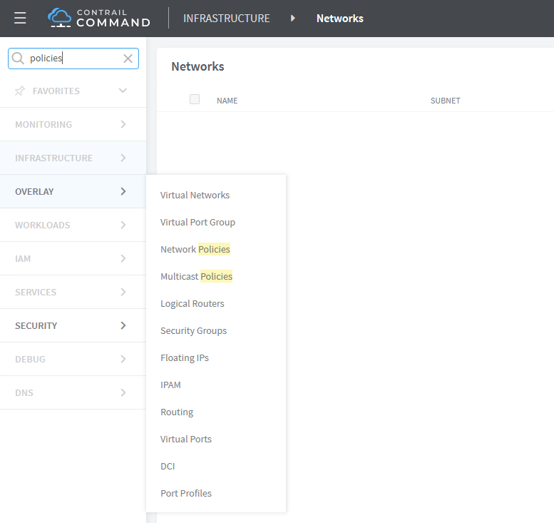 Contrail Command interface showing the Infrastructure section under Networks with empty Name and Subnet fields.
