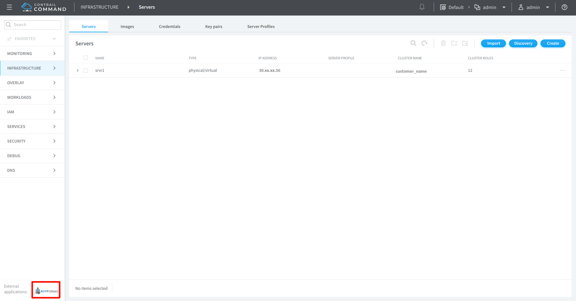 Contrail Command web interface showing Servers section with srv1 server, physical/virtual type, IP 10.xx.xx.16, 12 cluster roles under Infrastructure tab.