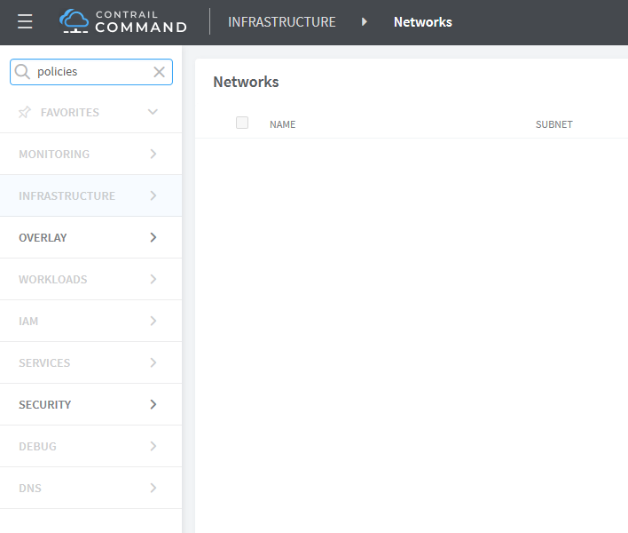 Contrail Command UI with Networks section selected, search term 'policies' entered, no network data displayed.