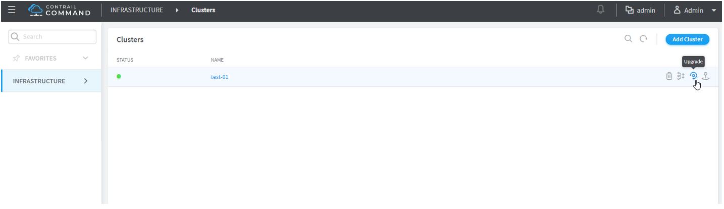 Contrail Command web interface for managing clusters; shows Clusters section with test-01 cluster and status, plus add and upgrade options.