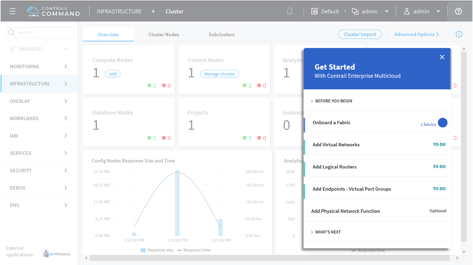 Contrail Command UI for managing cloud infrastructure. Navigation menu on left, main dashboard with node status, response graph, and setup guide on right.