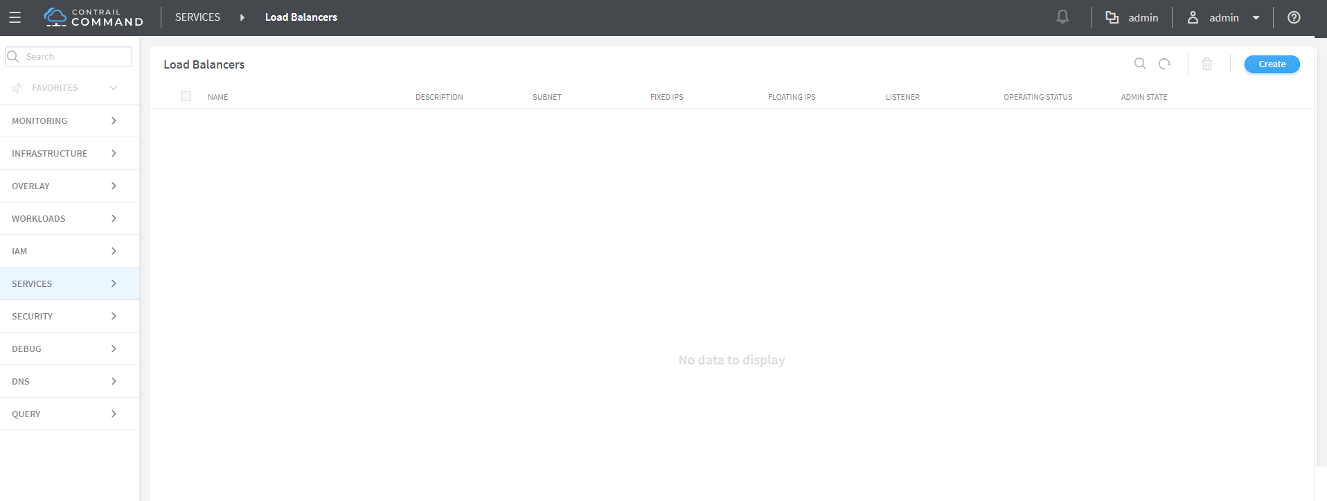 Screenshot of Contrail Command interface for managing load balancers; main area shows No data to display; Create button available.