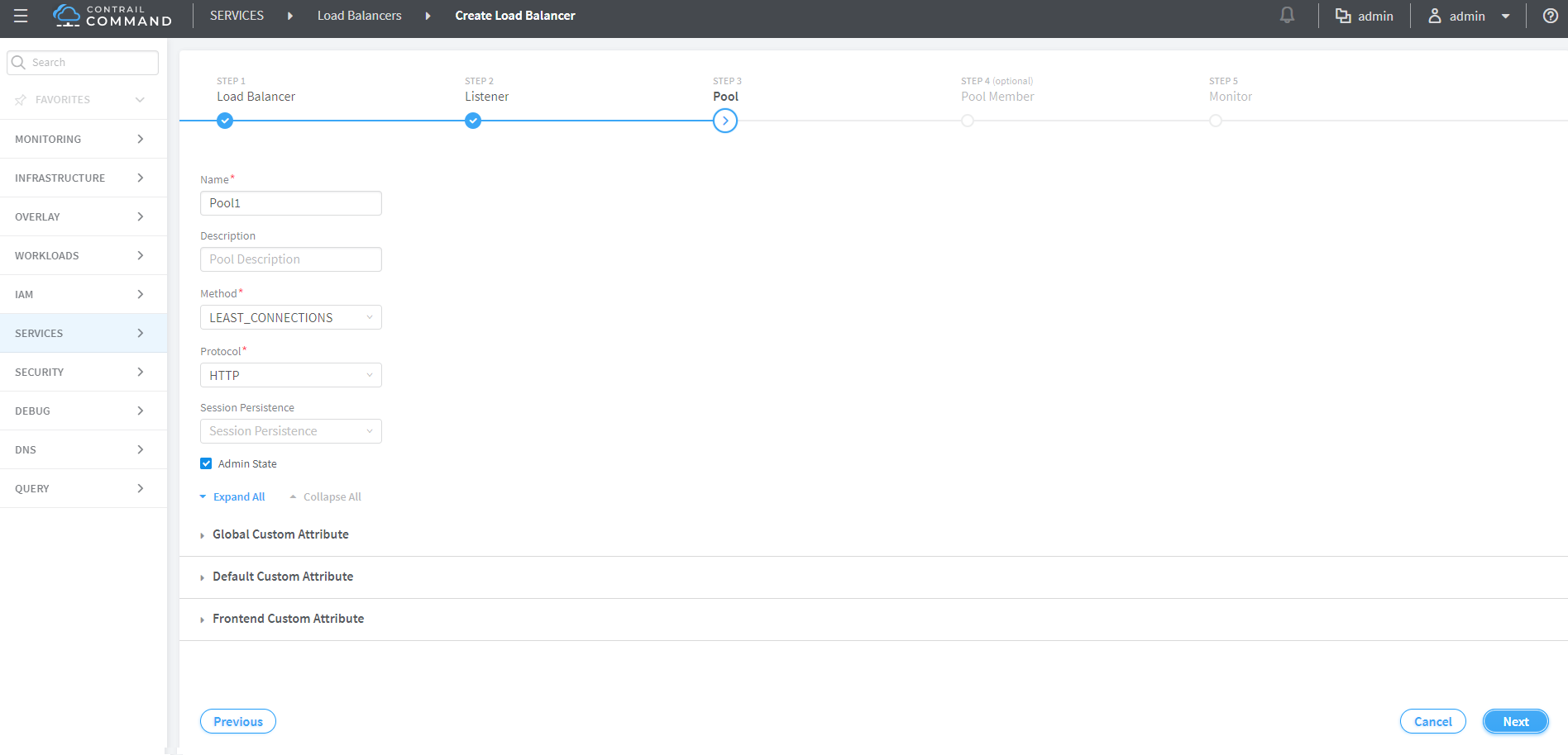 Contrail Command UI for creating load balancer: Step 3 Pool active in wizard; fields for Name, Description, Method, Protocol; navigation buttons.