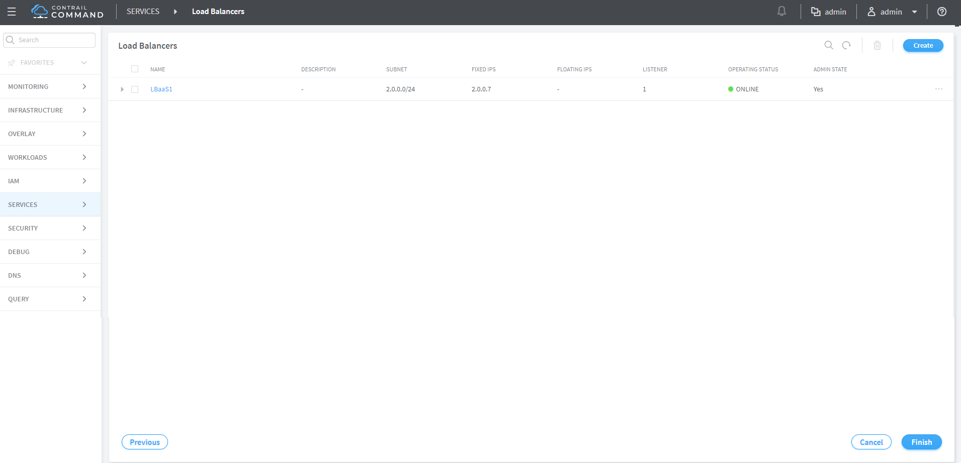 Contrail Command interface showing load balancer list with details such as name, subnet, IPs, status, and sidebar categories.