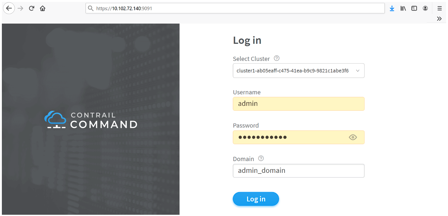 Login page for Contrail Command with fields for cluster selection, username, password, domain, and a login button.