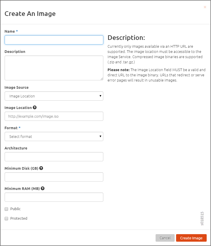Form titled Create An Image with fields for Name, Description, Image Source, Image Location, Format, Architecture, Minimum Disk GB, Minimum RAM MB, and checkboxes for Public and Protected. Includes Cancel and Create Image buttons.