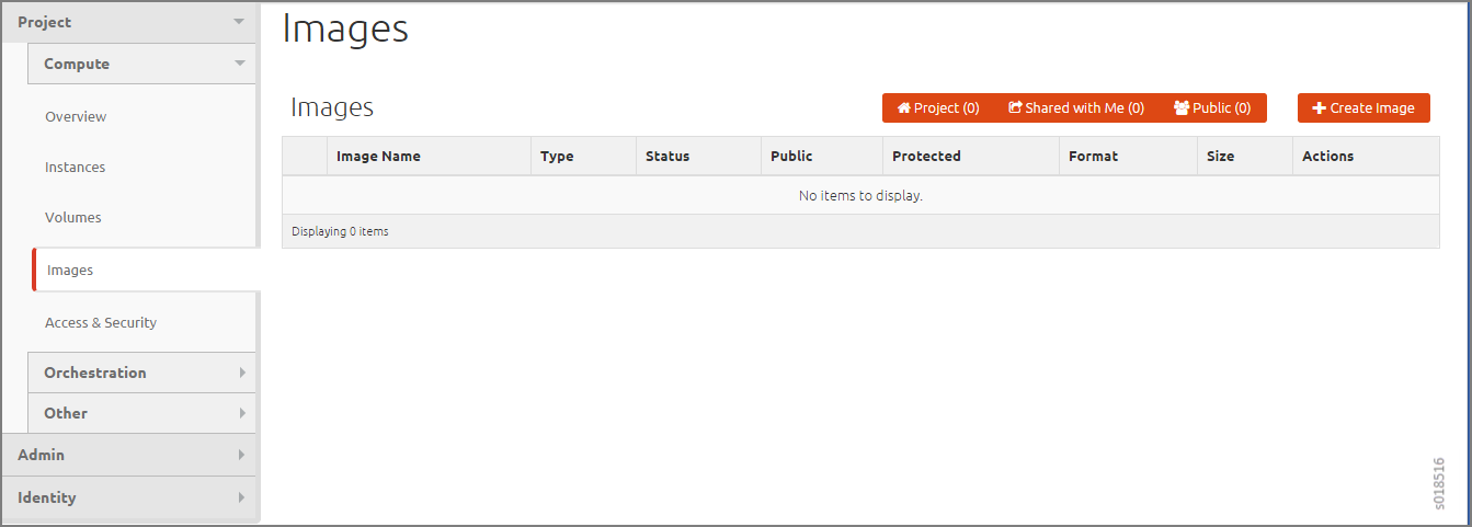 OpenStack dashboard showing image management interface with no images displayed. Navigation menu includes Project, Admin, Identity.