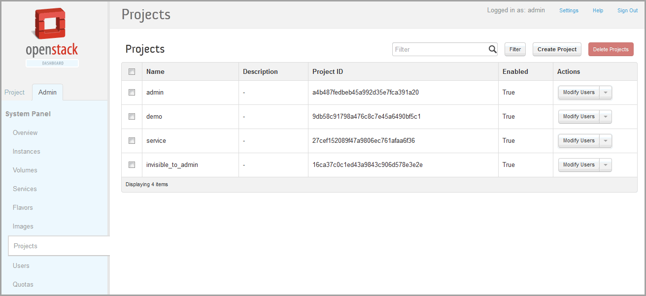 OpenStack Dashboard Projects section showing projects admin, demo, service, and invisible_to_admin with options to filter, create, or delete projects.