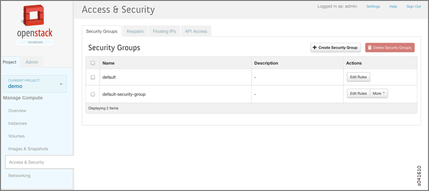 OpenStack Horizon dashboard showing Access and Security section on Security Groups tab for project demo. Two security groups listed: default and default-security-group. Admin user logged in.