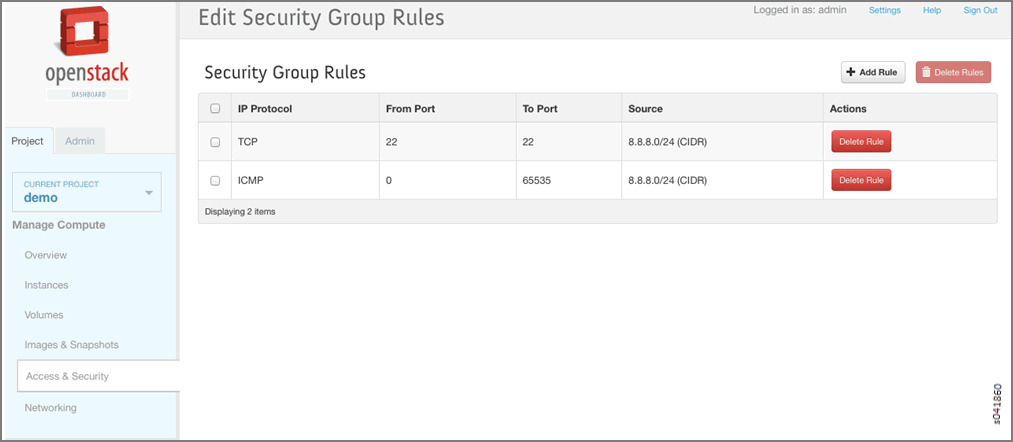 OpenStack Dashboard: Edit Security Group Rules section with security rules table, add and delete buttons, and admin user info.