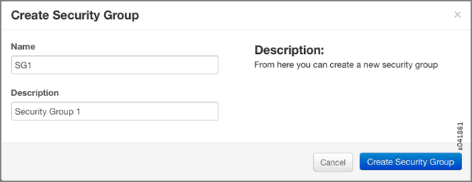 Create Security Group interface with fields for Name SG1 and Description Security Group 1. Buttons: Cancel and Create Security Group.