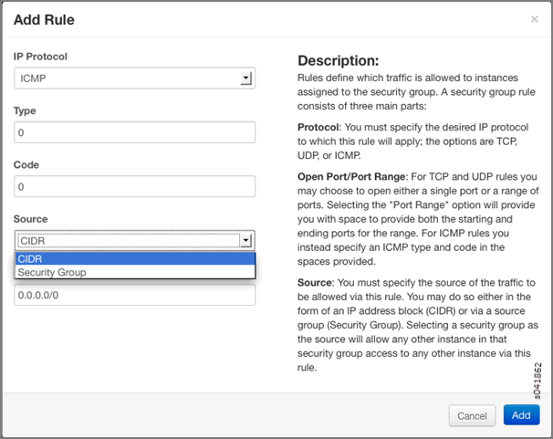 Dialog box for adding a security group rule in AWS, with ICMP protocol, type and code set to 0, source set to 0.0.0.0/0.