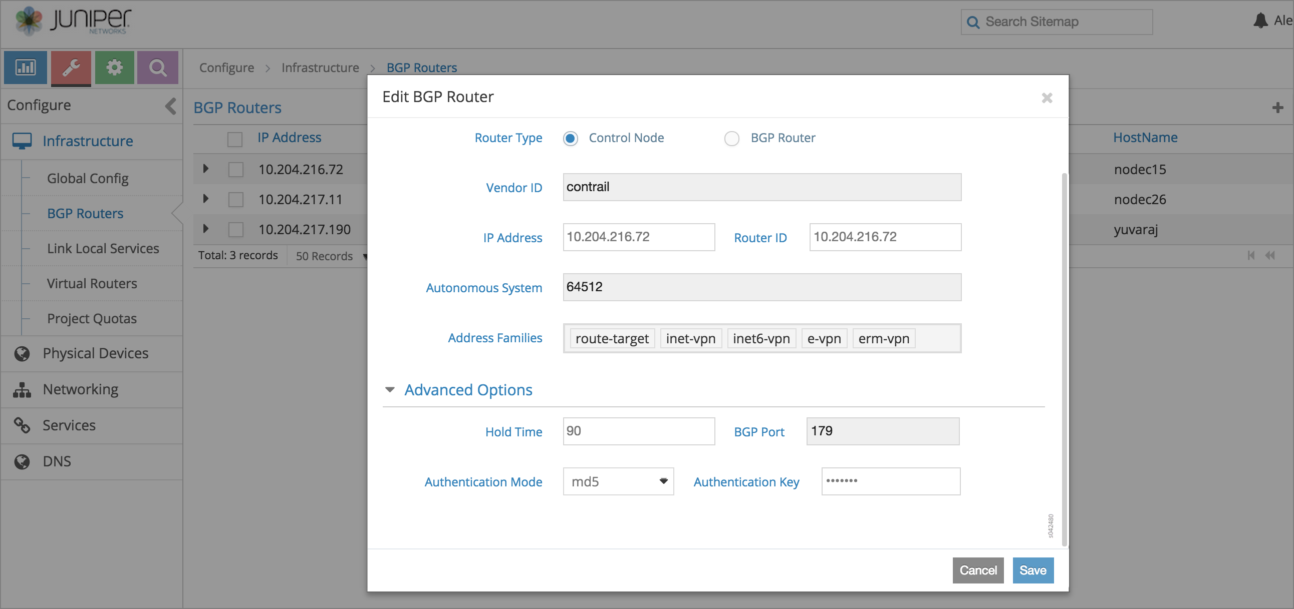 Configuration interface for Juniper Networks' Contrail BGP router. Users can edit settings like Router Type, Vendor ID, IP Address, Router ID, AS number, Address Families, and Advanced Options.