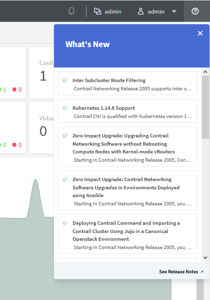 Software UI showing "What's New" panel with updates: Inter Subcluster Route Filtering, Kubernetes 1.14.8 Support, Zero Impact Upgrade, Ansible upgrade, Juju deployment. Admin user logged in.
