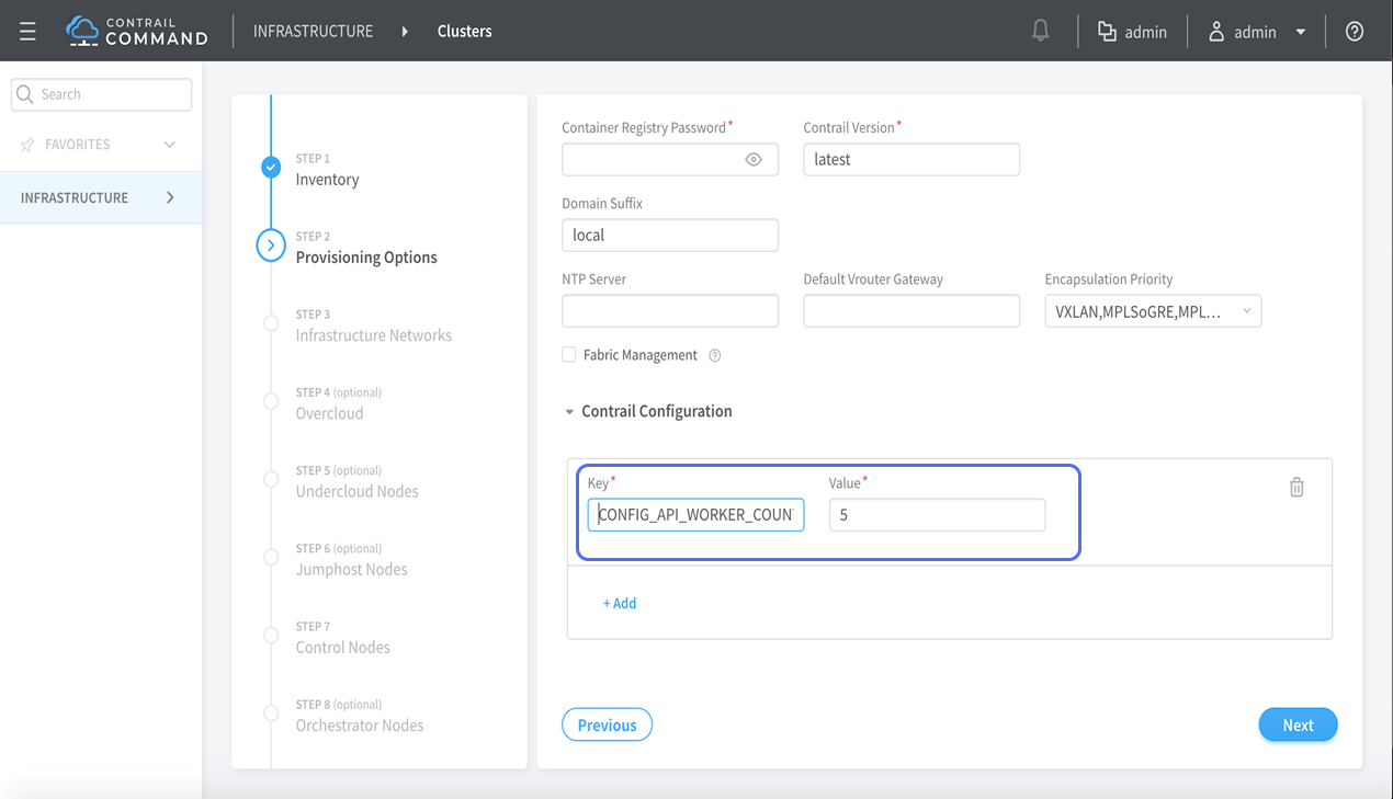 User interface for configuring a cluster in Contrail Command, focused on Provisioning Options step with fields for settings like Container Registry Password and Contrail Version.