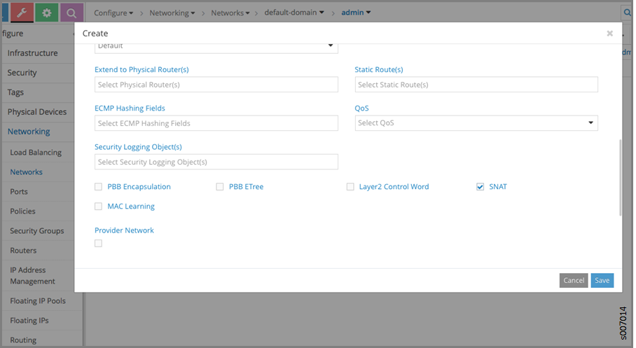 Configuration interface for network settings with options for physical routers, static routes, ECMP hashing fields, QoS, security logging, PBB features, and save or cancel buttons.