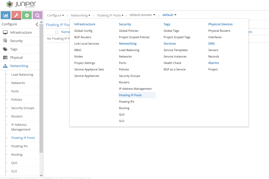 Juniper Networks management platform interface displaying Floating IP Pools section with no pools configured. Navigation options include Infrastructure, Security, Tags, Physical, and Networking.