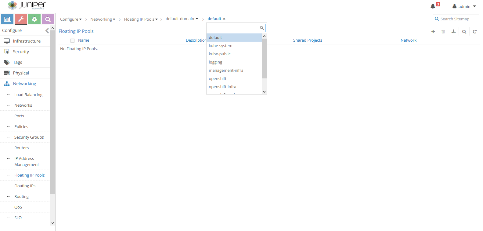 Juniper Networks interface for managing Floating IP Pools with no pools listed; navigation menu includes Networking options.