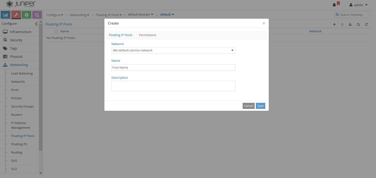 Juniper Networks UI showing a configuration screen for creating a Floating IP Pool with fields for Network, Name, Description, and Save and Cancel buttons.