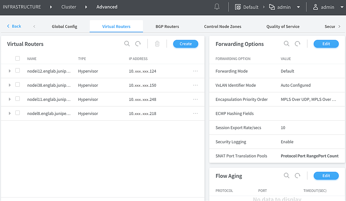 Network management interface showing virtual routers with names, types, IPs, forwarding settings, and user info for admin in Default profile.