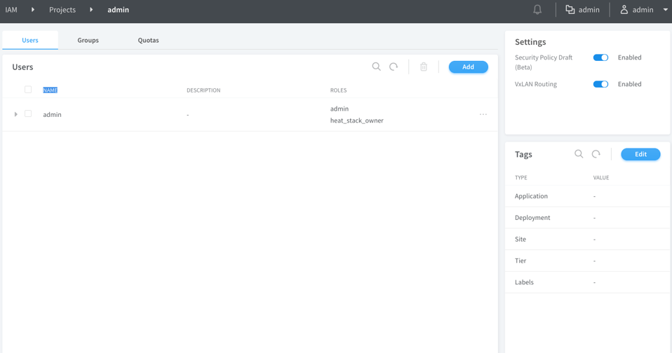 IAM project interface for admin showing users tab. User admin has roles admin and heat_stack_owner. Security policy draft and VxLAN routing toggles are enabled. Tags section is empty.