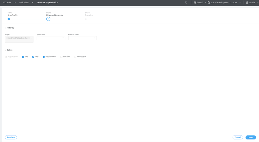 User interface for generating a project policy in a security app, showing Step 2: Filter and Generate with dropdowns and navigation buttons.
