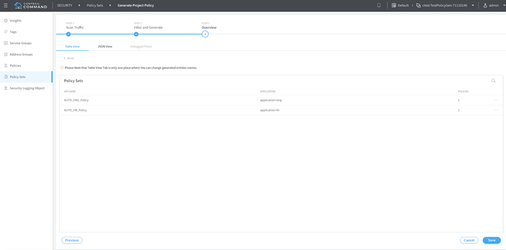 Generate Project Policy interface from SECURITY menu with three steps: Scan Traffic, Filter and Generate, Overview; Overview tab features Policy Sets table with columns APS Name, Application, Policies; navigation buttons Previous, Cancel, Save, and a search icon for filtering.
