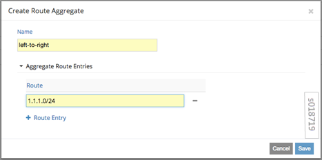 Configuration interface for creating a route aggregate with name 'left-to-right', route '1.1.1.0/24', and options to add more routes or save changes.