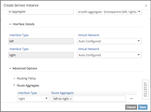 Configuration window for creating a service instance with fields for Service Instance Name, Service Template, Interface Details, and expandable Advanced Options. Includes Cancel and Save buttons.