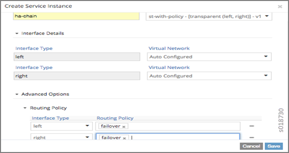 Configuration interface for creating a service instance in a network management system with options to set service instance name as ha-chain, select service template st-with-policy - transparent left, right - v1, define interface types left and right with auto-configured virtual networks, and configure routing policies for failover. Options to Cancel or Save configuration.
