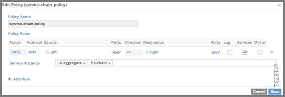 Configuration interface for editing service-chain-policy with PASS action, ANY protocol, bidirectional traffic, and services si-aggregate and ha-chain.
