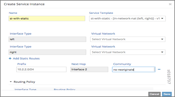 Configuration interface for creating a service instance with name si-with-static using template st-with-static - in-network-nat left right - v1. Interface types left and right selected. Static route added with prefix 10.2.2.0/24 and next hop Interface 2. Save and cancel buttons available.
