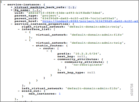 JSON configuration for a service instance in a cloud network environment detailing virtual networks, routing, and instance scaling.