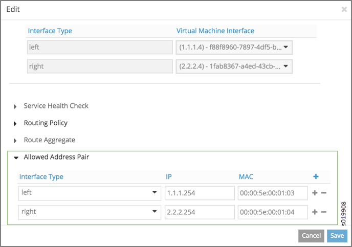 Configuration interface for virtual machine network setup: two interfaces left and right with specific IP and MAC addresses listed; options for adding entries or saving configuration.